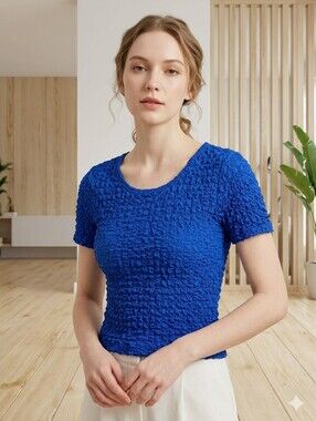 Vintage Y2K Popcorn Crinkled Texture Royal Blue Short Sleeve Top Size One size